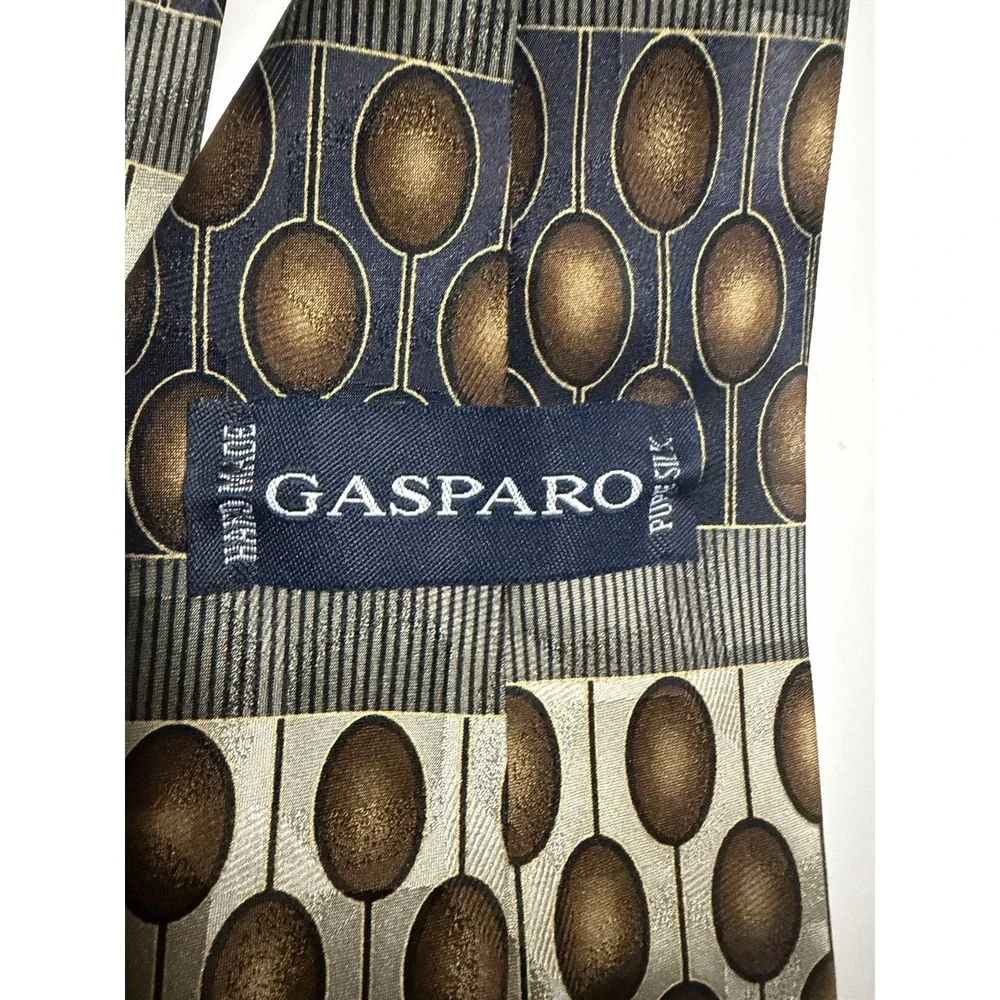 Gasparo Mens Silk Tie Bronze Grey Geometric Oval Abstract Hand Made Necktie